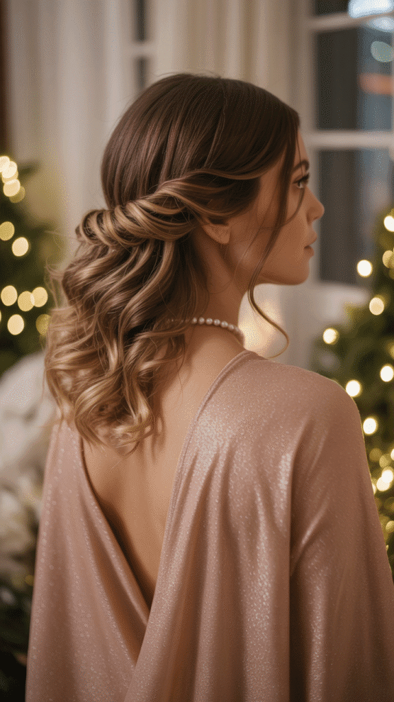 30 Elegant Christmas Party Hairstyles for Long Hair You'll Love 25 Curled Half-Up with Crisscross Detail