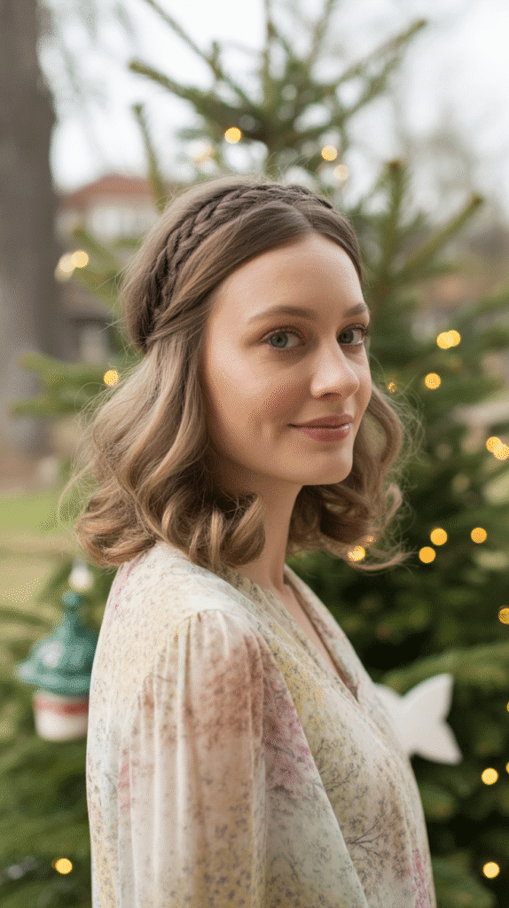 33 Simple Christmas Party Hairstyles for Medium Hair That Look Stunning 18 Braided Headband with Loose Curls