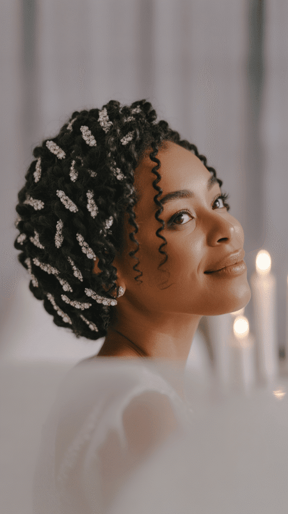 25 Breathtaking Winter Wedding Hairstyles for Black Brides 19 Natural Twist-Out with Crystal Hairpins