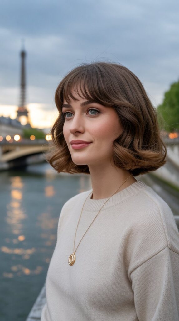 27 Modern French Short Hairstyles That Are Parisian-Approved 24 The French Bob with Curtain Bangs