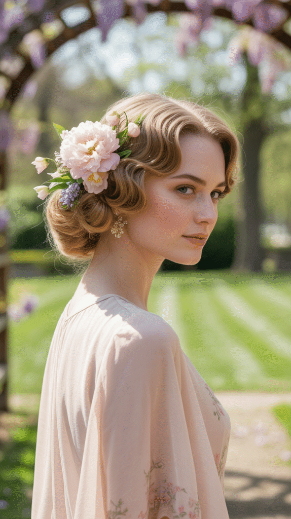 30 Effortless 1930s Hairstyle Ideas for Inspiration 14 Rolled Updo with Flowers