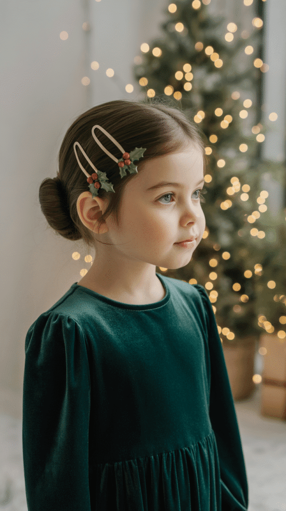 30 Cute Christmas Party Hairstyles for Kids That Are Adorable 3 Elegant Low Bun with Holly Clips