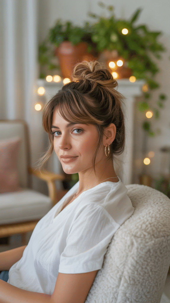 27 Chic Christmas Party Hairstyles for Medium Hair That Dazzle 7 Messy Top Knot with Wispy Details