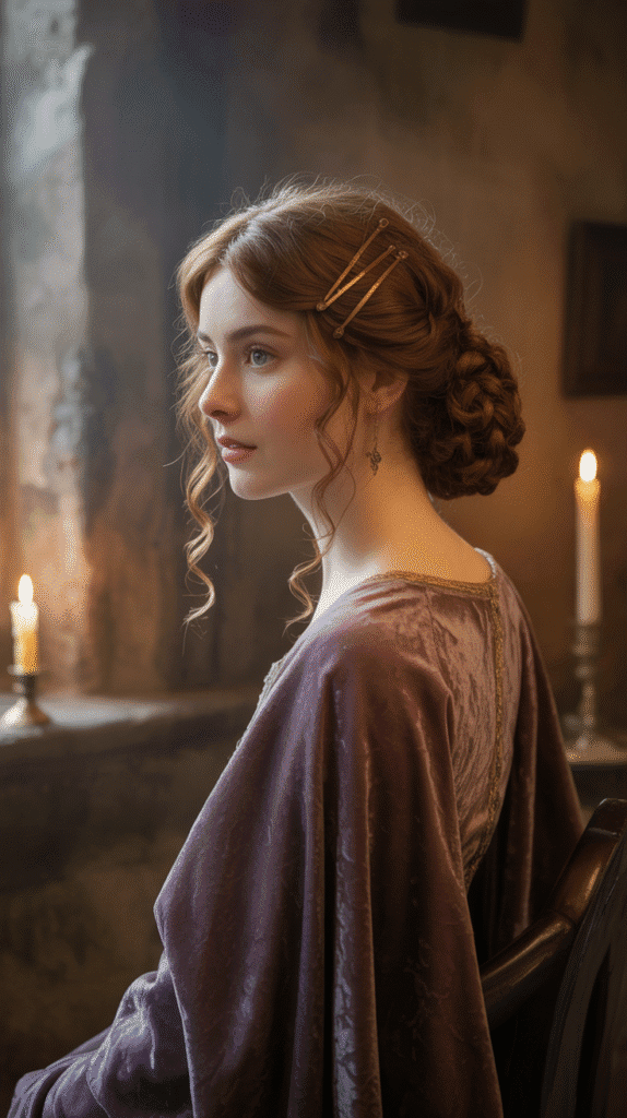 30 Romantic Medieval Hairstyles for Princesses with Curls 12 The Twisted Side Bun with Escaping Curls