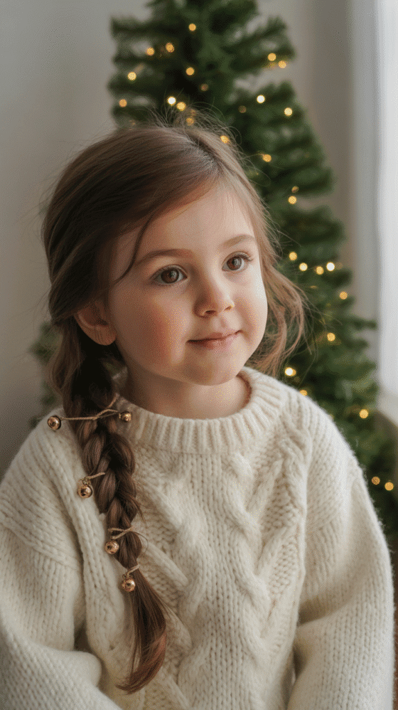 30 Cute Christmas Party Hairstyles for Kids That Are Adorable 5 Simple Side Braid with Jingle Bells