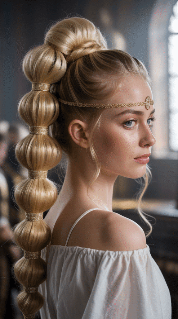 33 Gorgeous Medieval Hairstyles for Blonde Princesses 8 The Wrapped Ponytail with Circlet