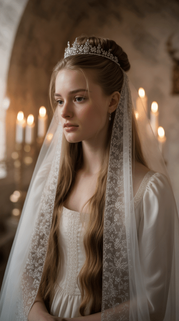 27 Royal Medieval Hairstyles for Princesses with Crowns 8 The Veiled Bun with Tiara Integration