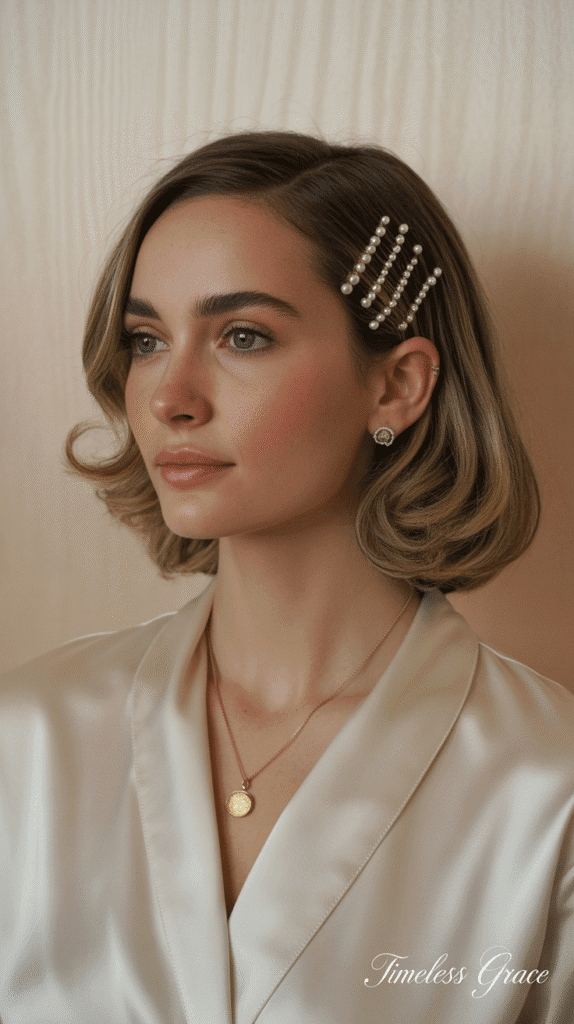 27 Chic Christmas Party Hairstyles for Medium Hair That Dazzle 18 Curled Ends with Pearl-Studded Bobby Pins