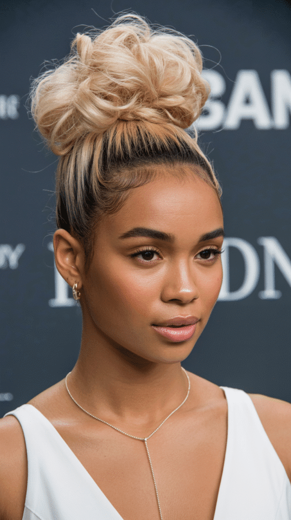 27 Elegant Blonde Prom Hairstyles for Black Women to Shine on Your Big Night 13 Blonde Ombré High Top Bun