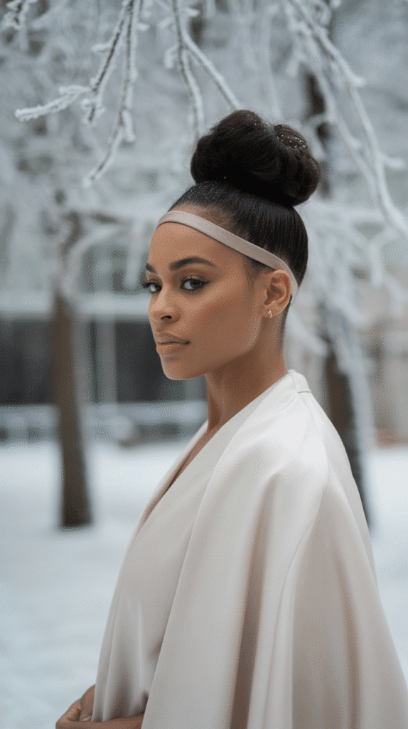 25 Breathtaking Winter Wedding Hairstyles for Black Brides 16 Sleek Top Knot with Wrapped Detail