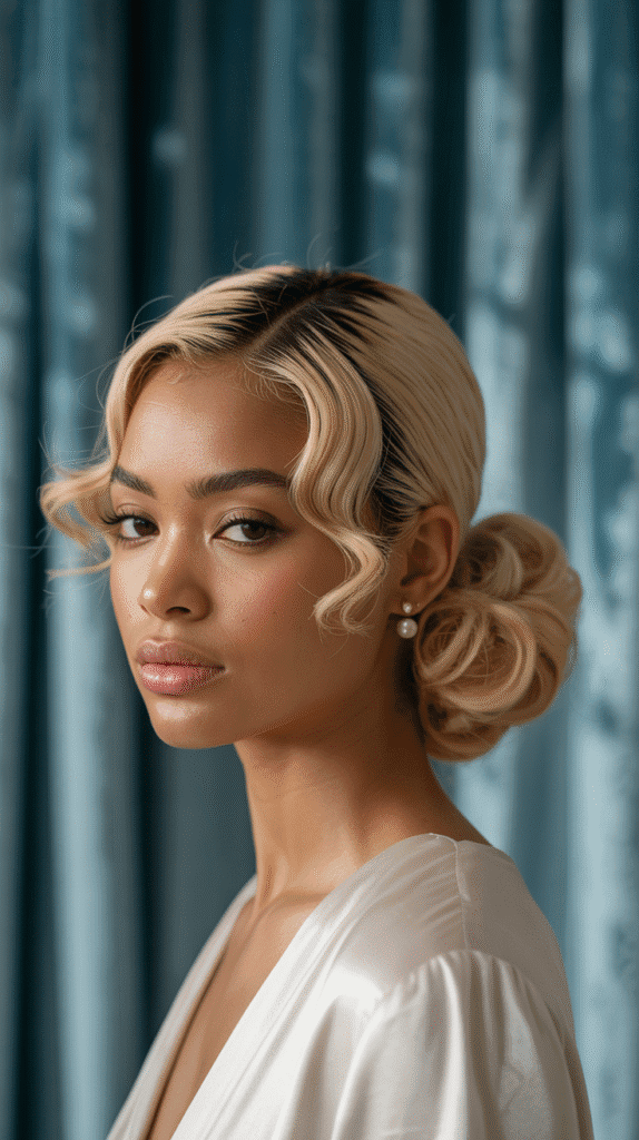 27 Elegant Blonde Prom Hairstyles for Black Women to Shine on Your Big Night 19 Champagne Blonde Chignon with Face-Framing Tendrils