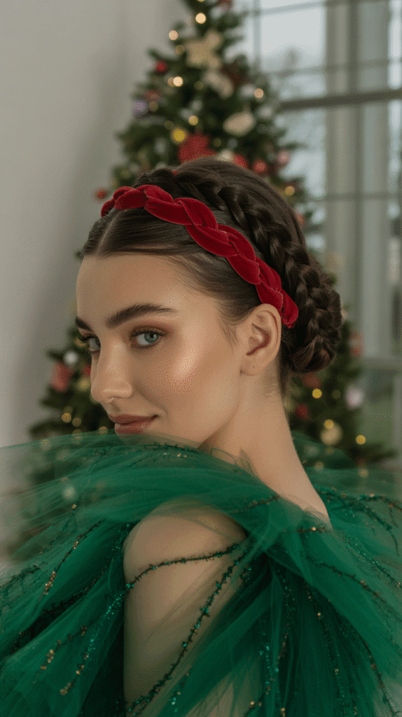 33 Elegant Christmas Party Updo Hairstyles for a Glam Look 18 Braided Bun with Ribbon