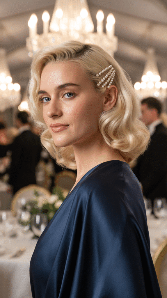33 Simple Christmas Party Hairstyles for Medium Hair That Look Stunning 14 Pinned Back Waves with Pearl Accessories
