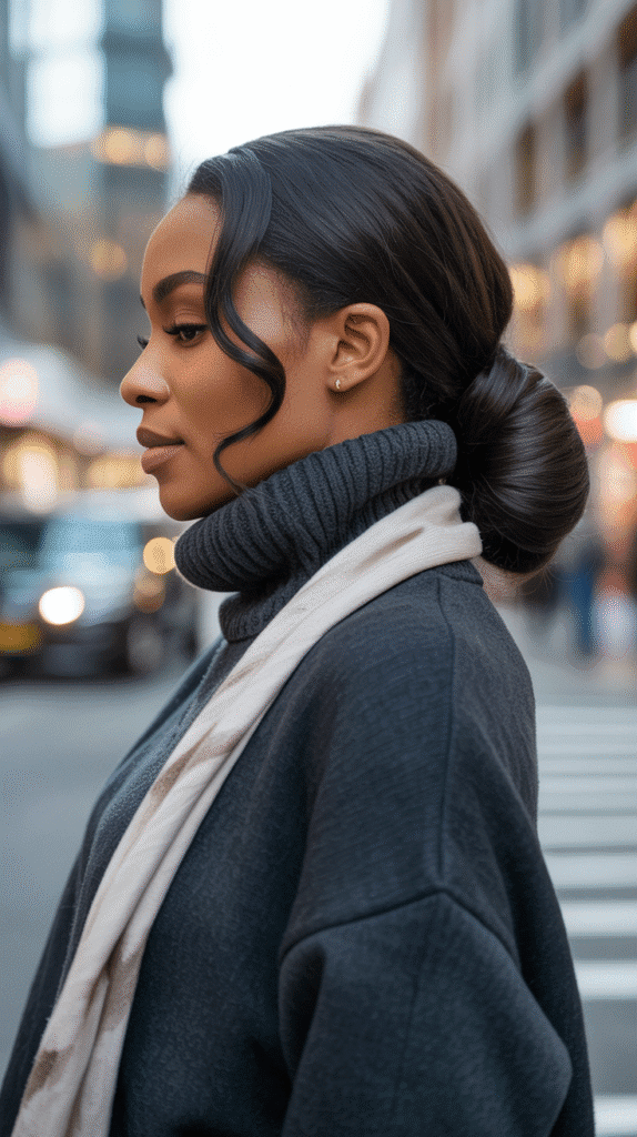 27 Sleek Straight Natural Hairstyles for Black Women Perfect for Winter 2 Sleek Low Ponytail with Wrapped Base