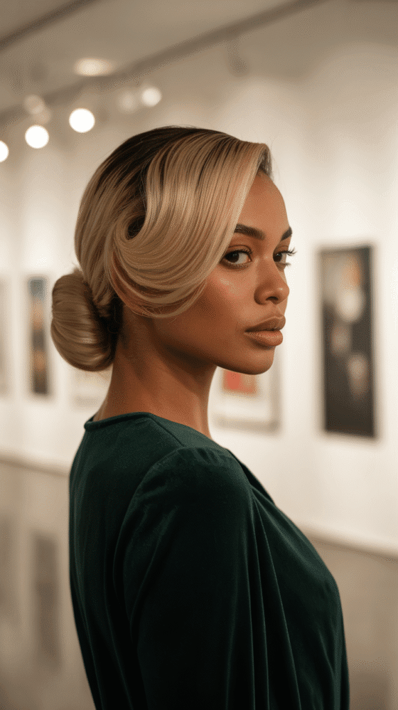 27 Classic Blonde Updo Hairstyles for Black Women for Every Occasion 19 Elegant Blonde Chignon with Side Sweep