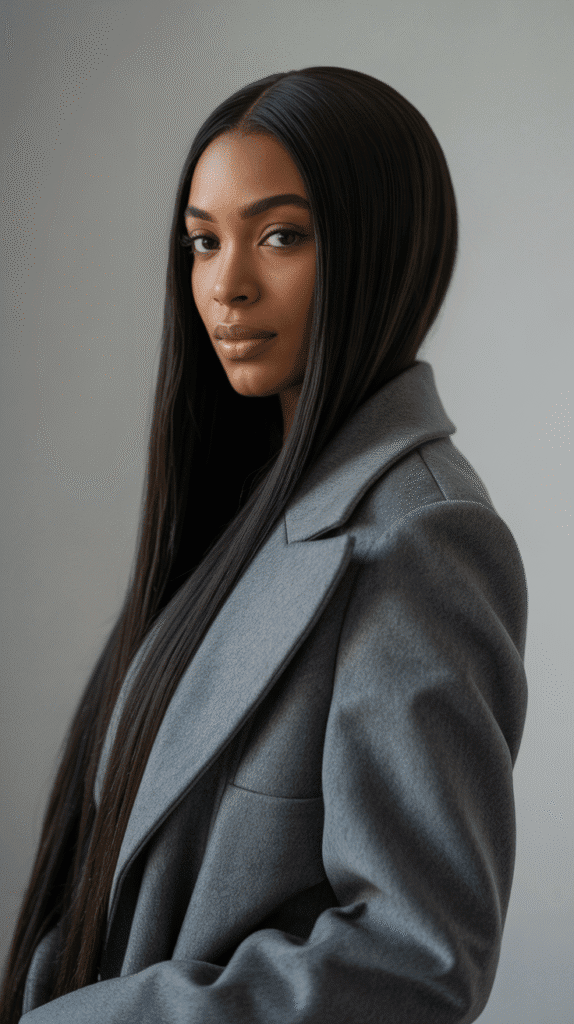 26 Flawless Winter Sew-In Hairstyles for Black Women That Look Effortless 1 Classic Straight Sew-In with Middle Part