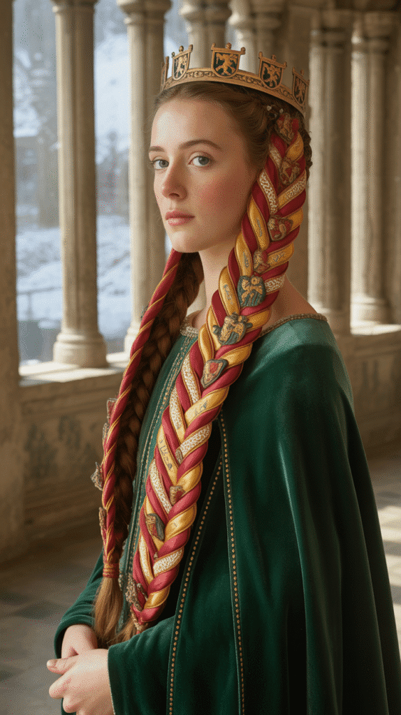 27 Royal Medieval Hairstyles for Princesses with Crowns 25 The Heraldic Crown Braid