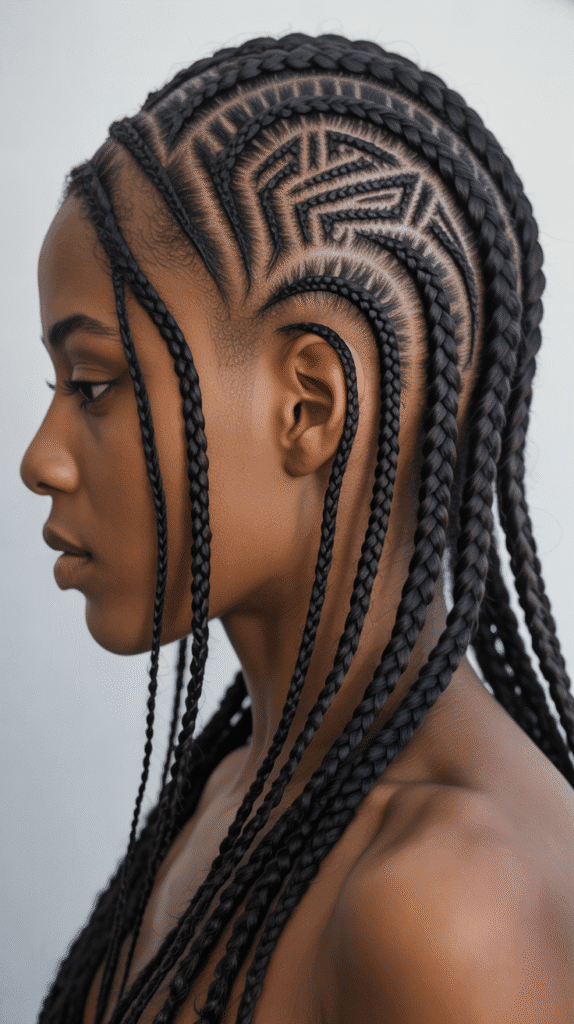 27 Chic Short Braided Hairstyles for Black Women 22 Tribal Cornrows with Design