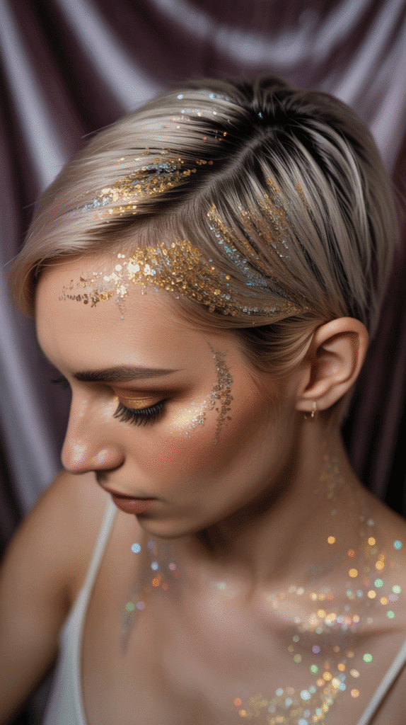 33 Trendy Christmas Party Hairstyles for Short Hair That Shine Bright 22 Glitter Roots and Hairline
