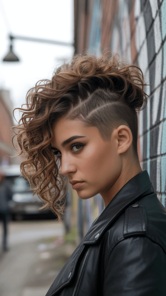 33 Stunning Curly Half-Up Half-Down Hairstyles 19 Curly Half-Up with Faux Hawk