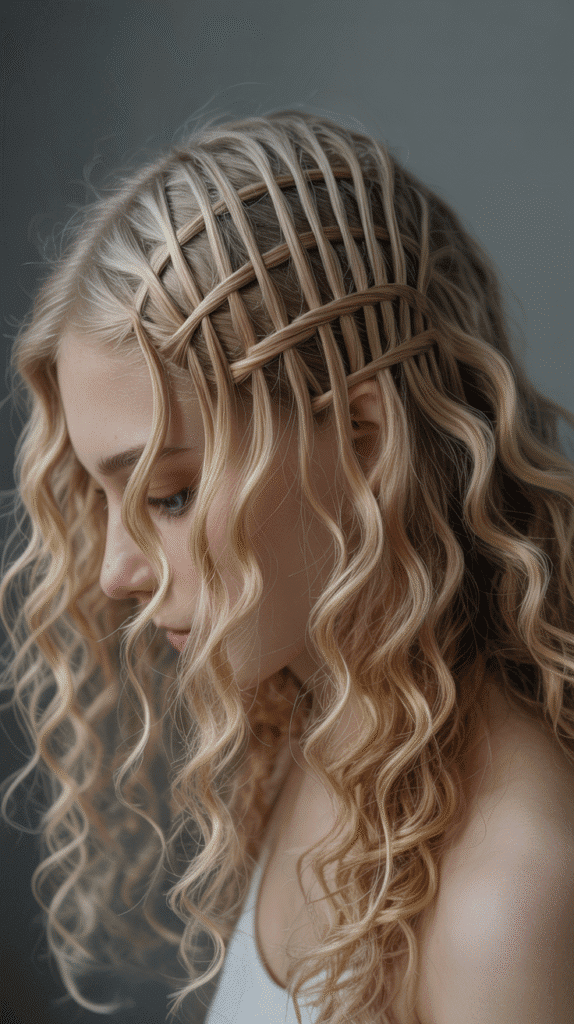 33 Stunning Curly Half-Up Half-Down Hairstyles 27 Curly Half-Up with Ladder Braid