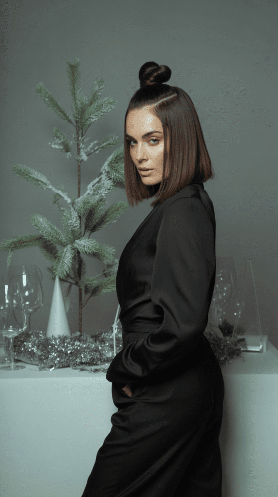 33 Simple Christmas Party Hairstyles for Medium Hair That Look Stunning 33 Half-Up Top Knot with Straight Ends