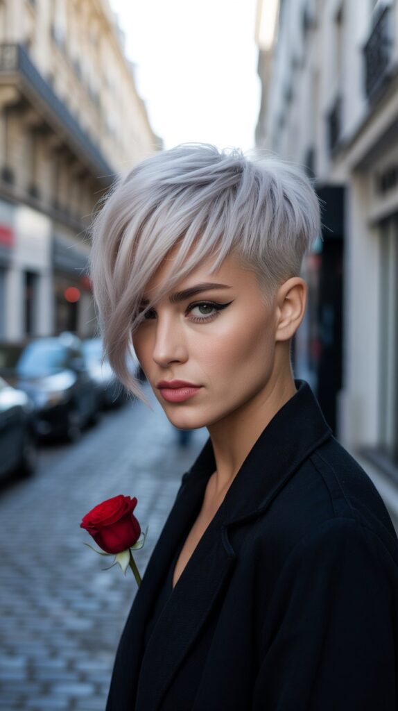 27 Modern French Short Hairstyles That Are Parisian-Approved 14 The Side-Swept Asymmetrical Pixie
