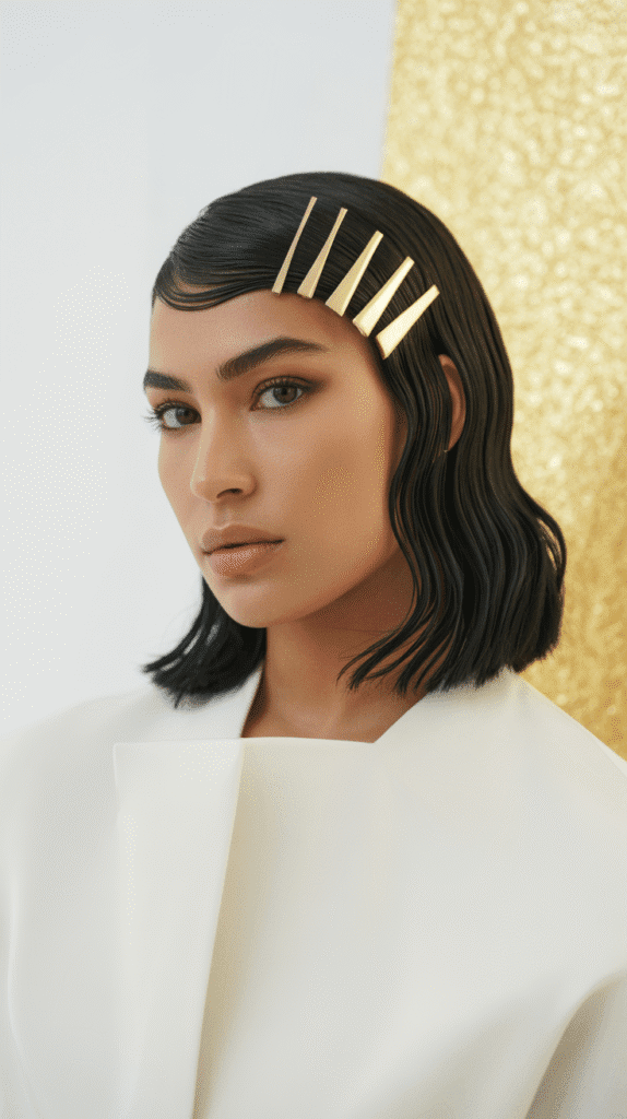 27 Chic Christmas Party Hairstyles for Medium Hair That Dazzle 25 Asymmetrical Tucked Style with Accessories