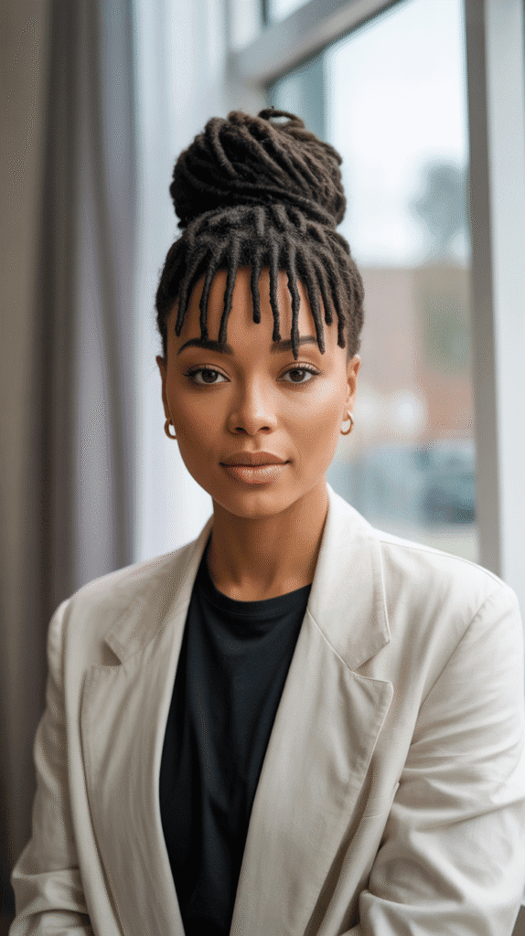 30 Chic Dreadlock Styles for Black Women 2025 You'll Love 16 Loc Bun with Bang
