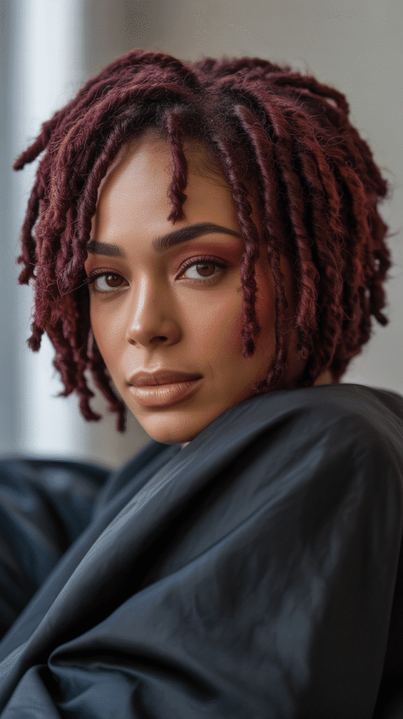 33 Chic Short Dreadlock Styles for Ladies That Stay in Style 24 Burgundy Dyed Short Locs