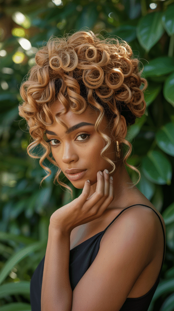30 Curly Blonde Hairstyles for Black Women That Bring Volume & Bounce 22 Butterscotch Blonde Curly Updo