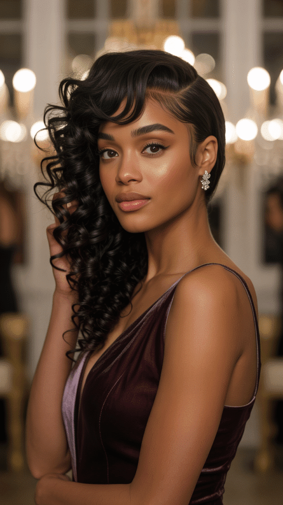 26 Flawless Winter Sew-In Hairstyles for Black Women That Look Effortless 21 Side-Swept Curly Sew-In
