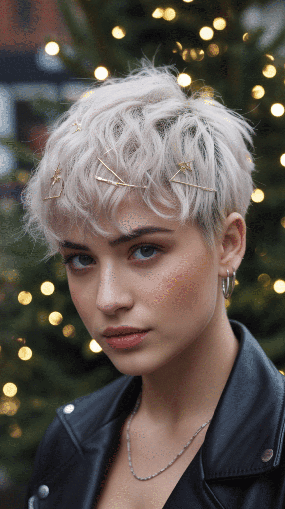 33 Trendy Christmas Party Hairstyles for Short Hair That Shine Bright 3 Textured Pixie with Metallic Accessories