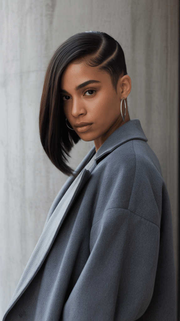 27 Sleek Straight Natural Hairstyles for Black Women Perfect for Winter 6 Asymmetrical Straight Cut with Deep Side Part