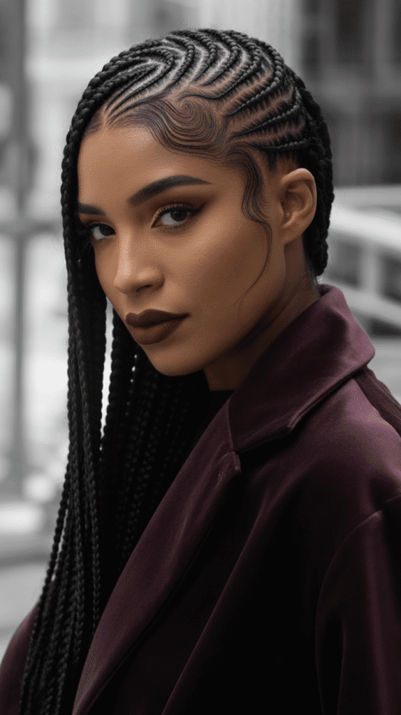 30 Cozy Fall & Winter Hairstyles for Black Women You'll Want to Copy 9 Side-Swept Cornrows