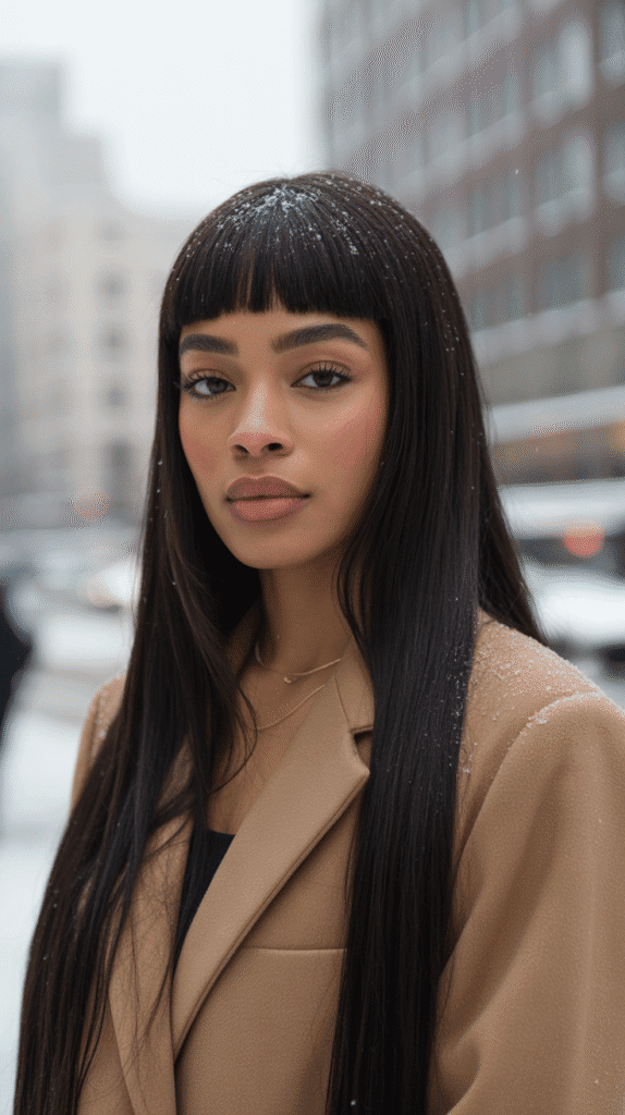 26 Flawless Winter Sew-In Hairstyles for Black Women That Look Effortless 23 Long Straight Sew-In with Blunt Bangs