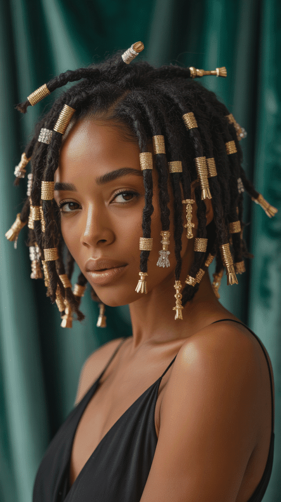 33 Trendy Short Dreadlock Styles for Black Women to Copy Now 12 Short Locs with Gold Accessories