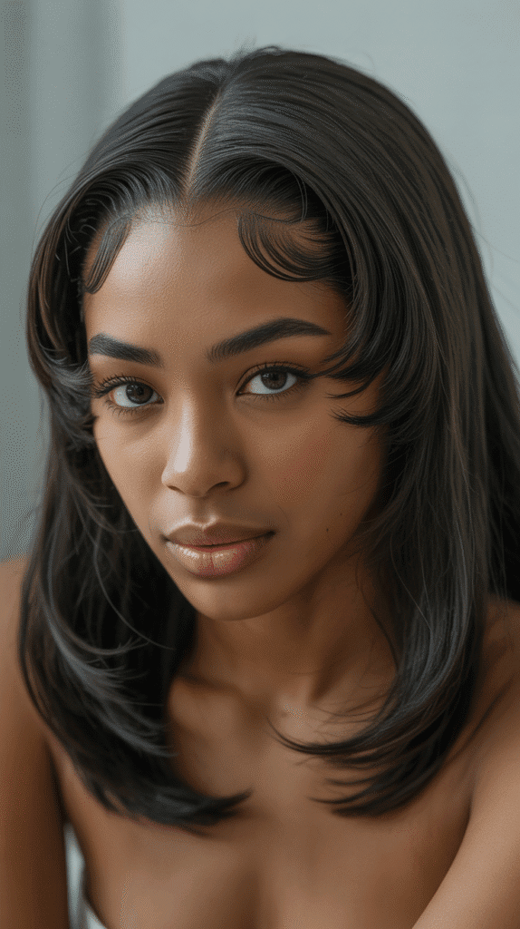 27 Sleek Straight Natural Hairstyles for Black Women Perfect for Winter 11 Sleek Straight Hair with Center Part and Face-Framing Pieces