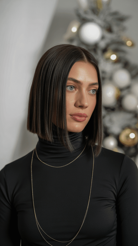 27 Stylish Christmas Party Hairstyles for Mid-Length Hair to Try Now 8 Sleek Straight with Middle Part