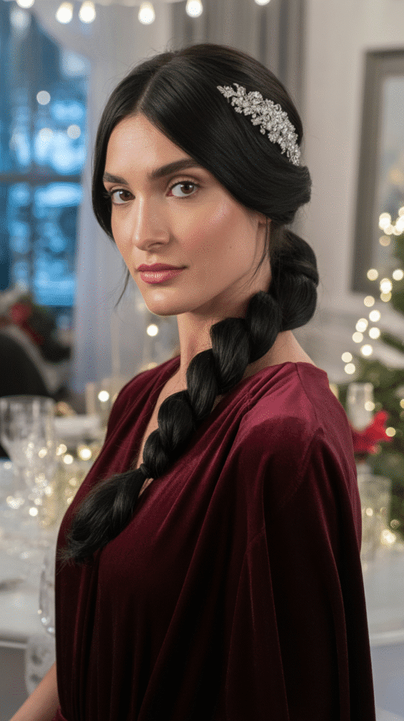 27 Easy Christmas Party Hairstyles for Long Hair Perfect for the Holidays 9 Twisted Low Bun with Accessories