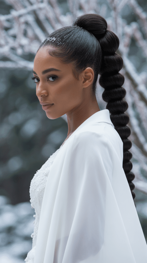 25 Breathtaking Winter Wedding Hairstyles for Black Brides 3 Sleek High Ponytail with Wrapped Base