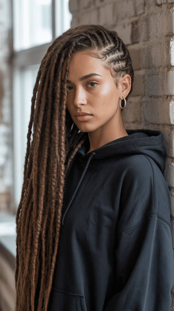 33 Latest Dreadlock Styles for Long Hair That Turn Heads 19 Side Cornrow with Loose Flow