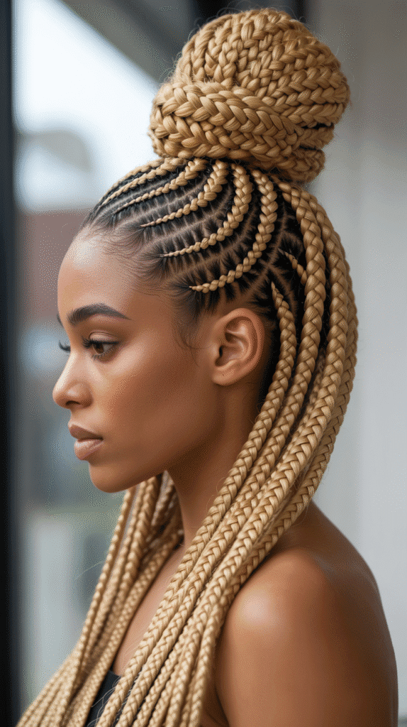27 Classic Blonde Updo Hairstyles for Black Women for Every Occasion 25 Blonde Braided Bun with Cornrow Base