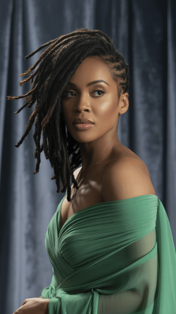 30 Beautiful Medium Dreadlock Styles for Black Women That Stand Out 14 Side-Swept Medium Locs