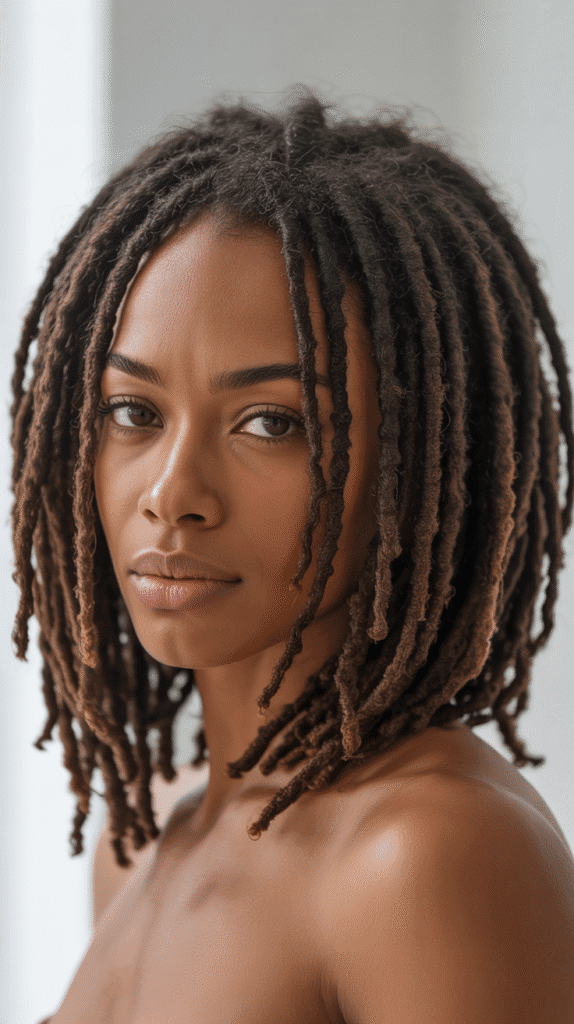 37 Best Dreadlock Styles for Black Women That Slay Every Look 19 Shoulder-Length Layered Locs