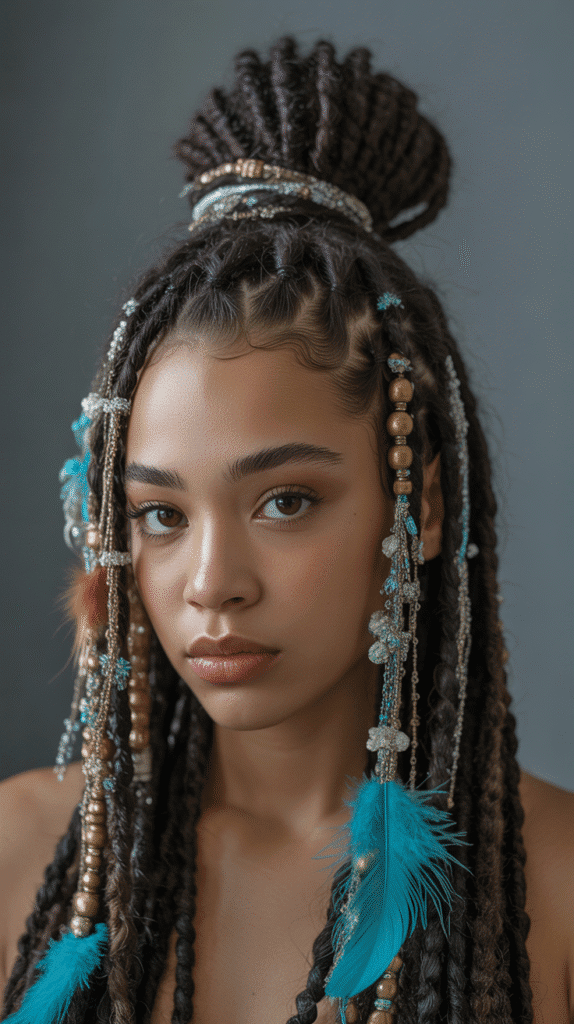 27 Latest Dreadlock Style Designs That Are Creative and Unique 4 Loc Bun with Decorative Hair Jewelry