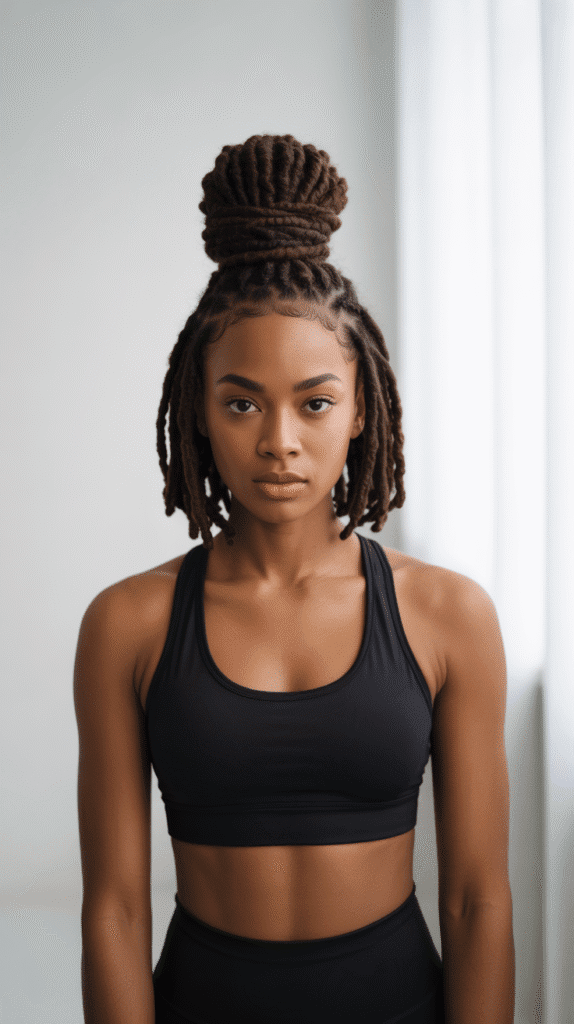 30 Beautiful Medium Dreadlock Styles for Black Women That Stand Out 27 Top Knot with Medium Locs