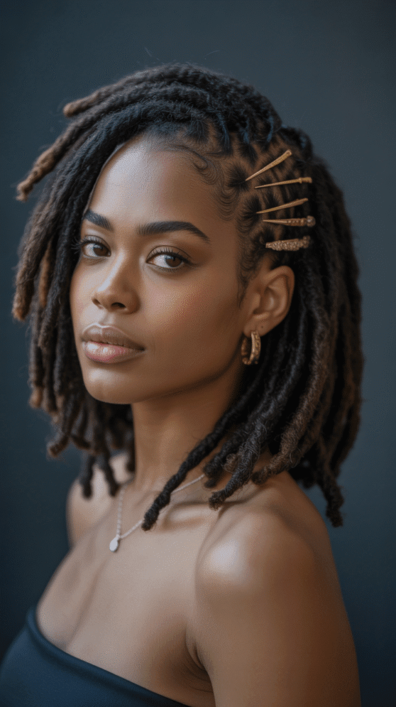30 Beautiful Medium Dreadlock Styles for Black Women That Stand Out 22 Pinned-Back Medium Locs