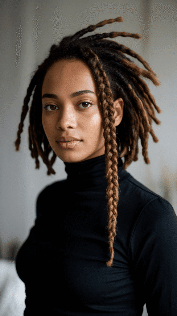 30 Beautiful Medium Dreadlock Styles for Black Women That Stand Out 26 Side Braid with Medium Locs