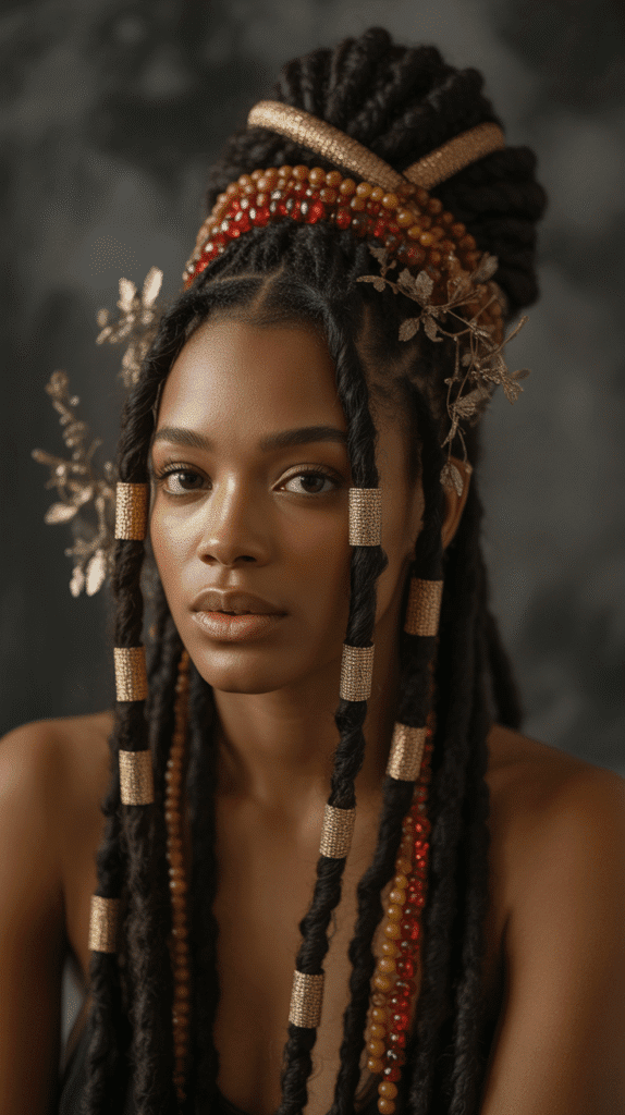 37 Best Dreadlock Styles for Black Women That Slay Every Look 18 Loc Updo with Accessories